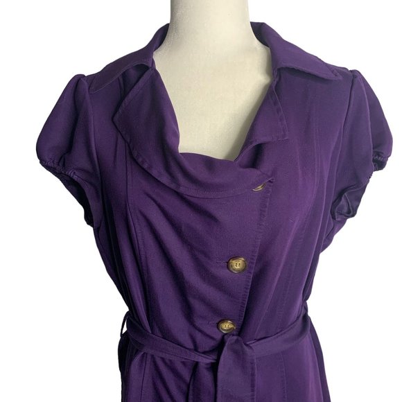 Limited Button Up Shift Dress 12 Purple Tie Belt Short Sleeve Collar Knee Length - Picture 2 of 7